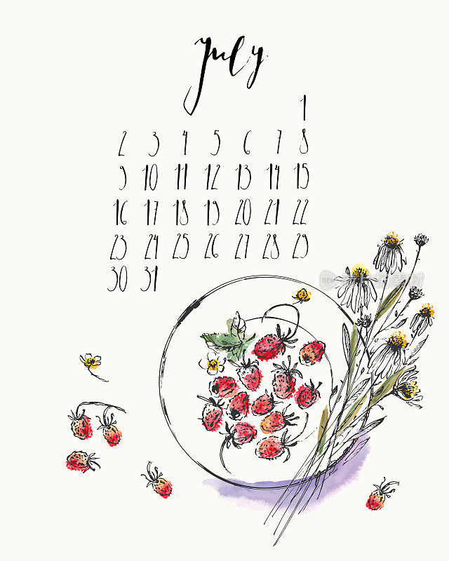 July 2018 calendar with ink calligraphy elements and wild strawberries on a plate and daisy bouquet top view.
